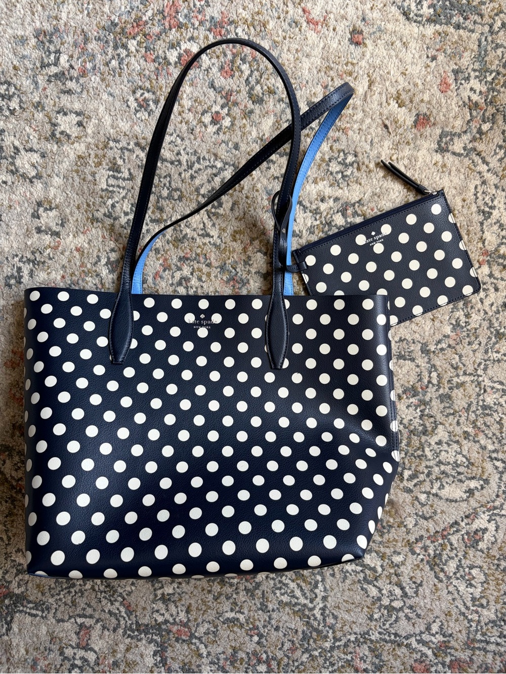 Kate Spade Navy and White Polka Dot Tote with Wristlet. Used twice. Clean.